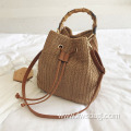 Casual handwoven bucket bag drawstring shoulder bag tote hanbag purse with bamboo handle